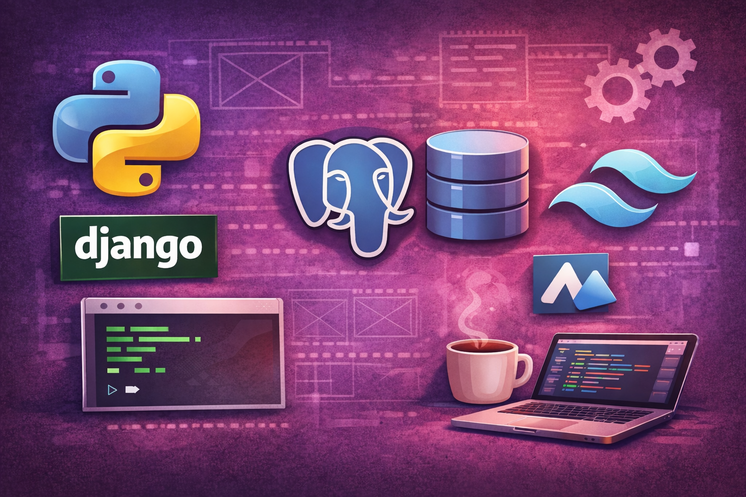 Logos verschiedener Technologien wie Python, PostgreSQL auf einem technisch anmutenden Hintergrund