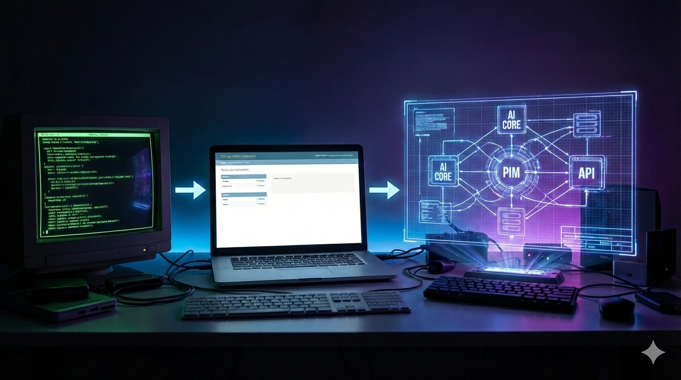 Zeigt die technische Entwicklung von Röhren-Monitor über Laptop zu futuristischer Holo-Darstellung eines Programms