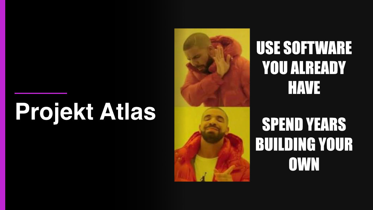 Titelbild mit der Überschrift "Projekt Atlas". Zeig das Meme "Drakeposting" mit der Gegenüberstellung Jahre in die Entwicklung eigener Software zu investieren anstatt bereits vorhandene zu nutzen