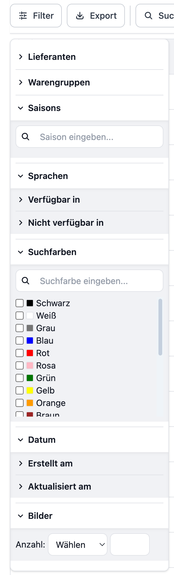 Screenshot der Filter aus der PIM Listenansicht